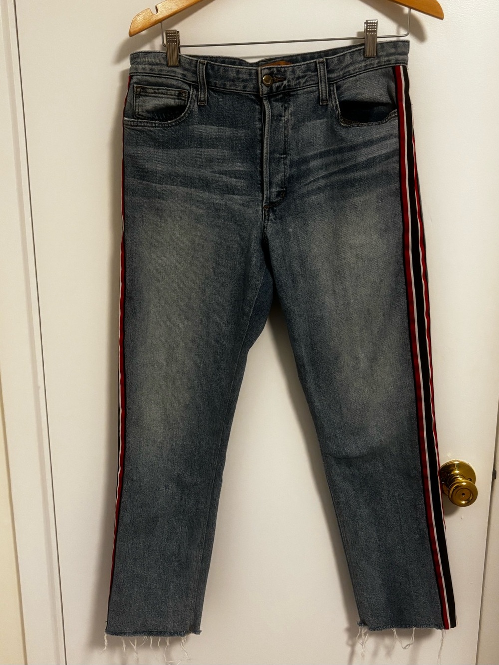 Joe’s Jeans Slim Straight Washed Blue Jeans with Red & Navy Side Stripes